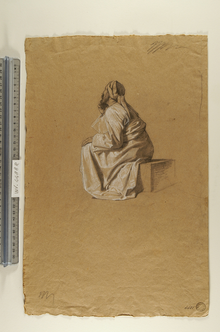 figura virile in abiti orientali, seduta, volta di tre quarti verso sinistra/ copia parziale del Guerriero Borghese (disegno) di Busi Luigi (seconda metà sec. XIX)