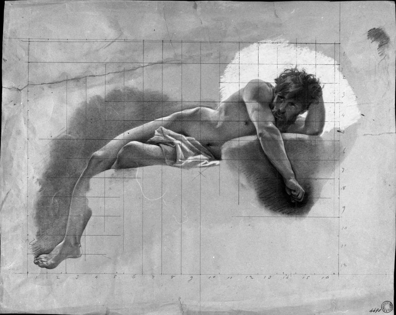 figura maschile ignuda, distesa sul fianco sinistro/ testa di donna di profilo (disegno preparatorio) di Busi Luigi (sec. XIX)