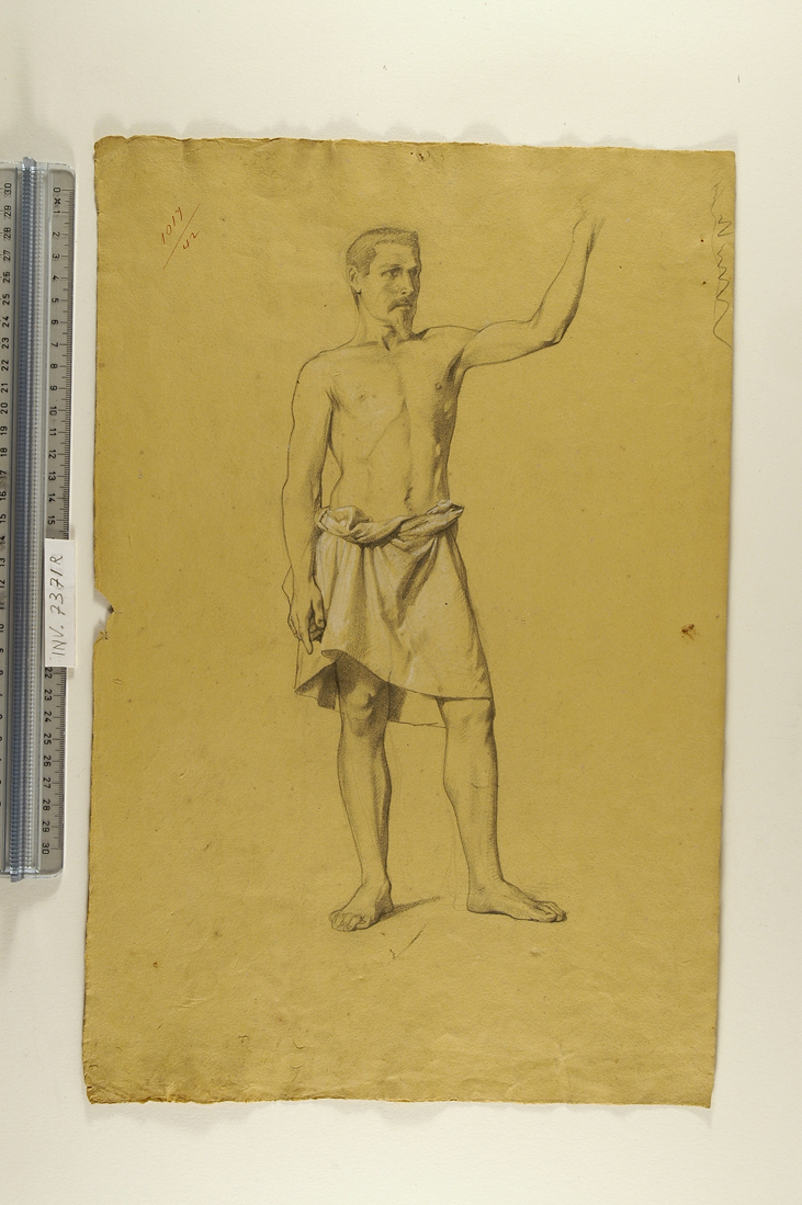 figura virile in piedi, con il braccio sinistro alzato/ studio parziale del Guerriero Borghese (disegno) di Busi Luigi (attribuito) (sec. XIX)
