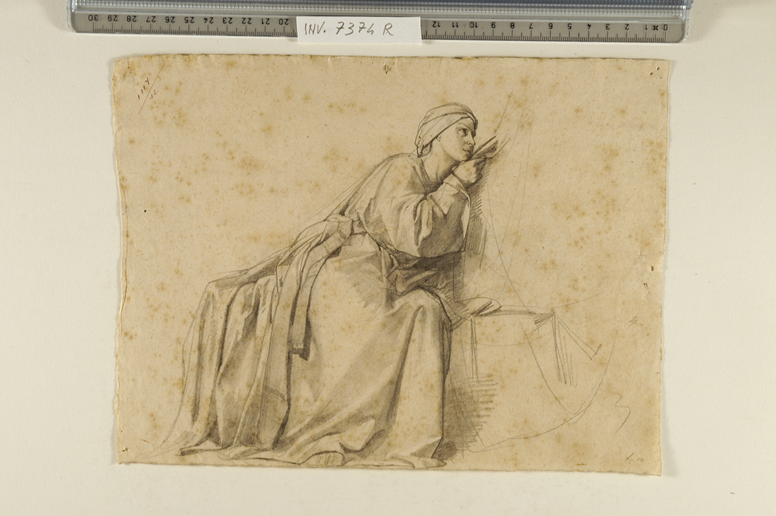 figura femminile seduta, volta verso destra/ studio di testa antica (disegno) di Busi Luigi (attribuito) (sec. XIX)