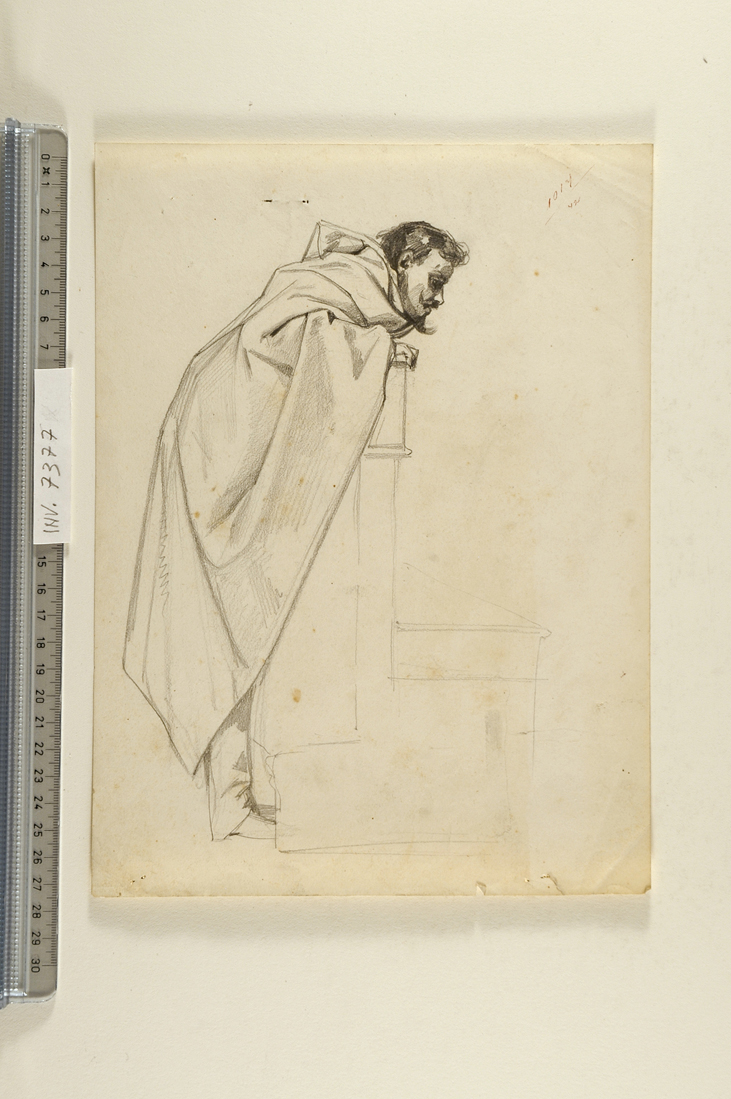 studio di uomo in piedi, di profilo verso destra, che si sporge da una panca (disegno) di Busi Luigi (attribuito) (sec. XIX)