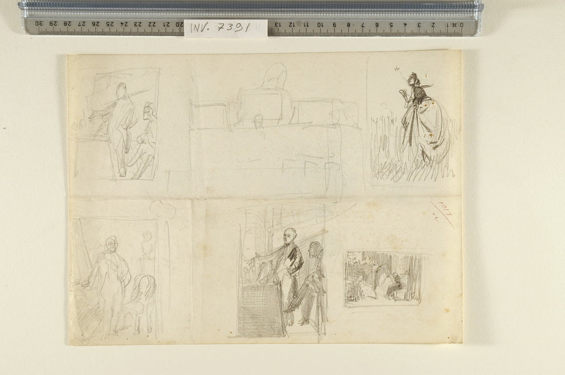 ritratto di Cavour; studio di aula di Parlamento; studio di figura femminile/ studio di composizione (disegno preparatorio) di Busi Luigi (sec. XIX)