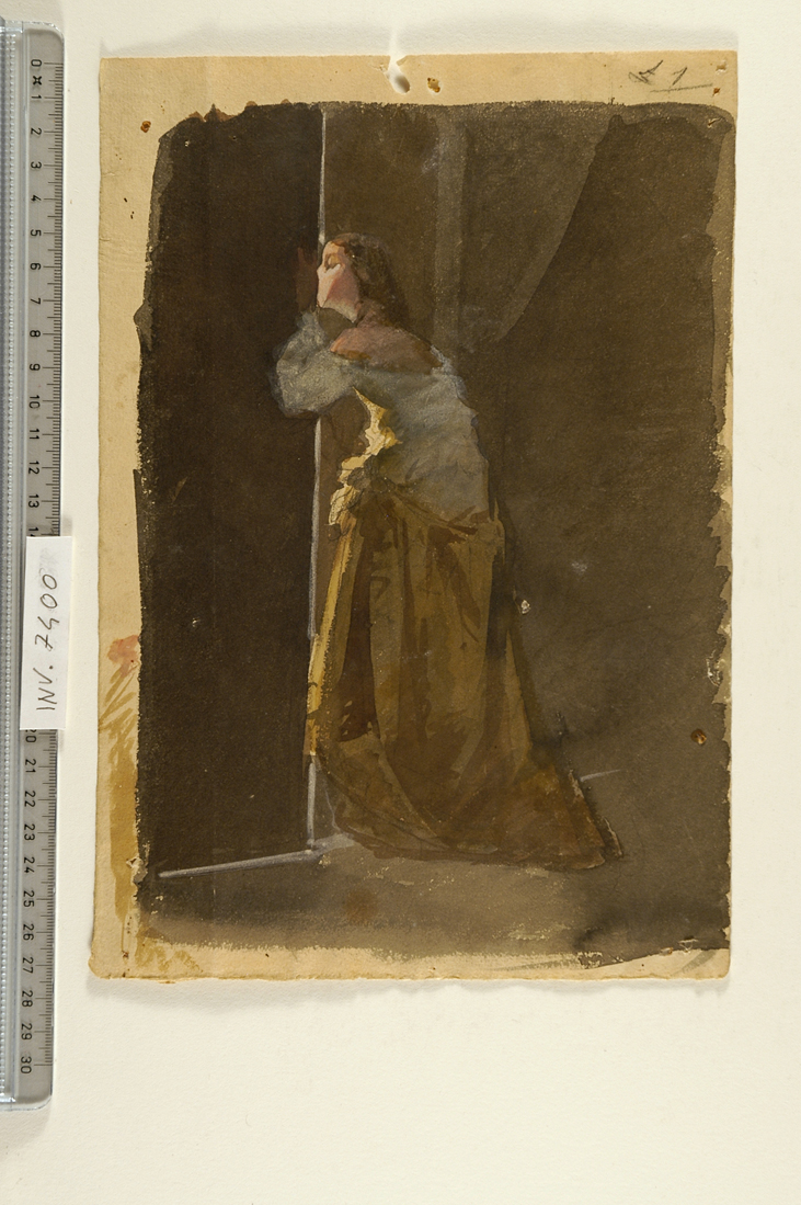 figura femminile in piedi di profilo verso sinistra mentre guarda da una porta (disegno) di Busi Luigi (sec. XIX)