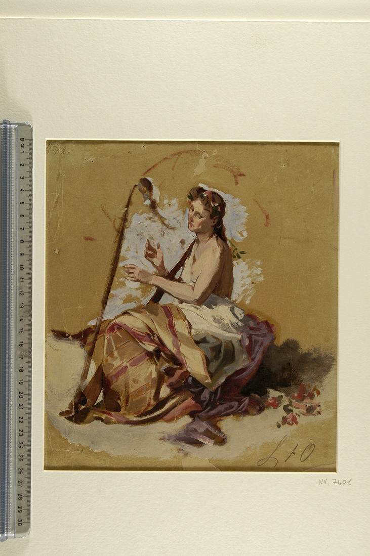 figura femminile seduta, volta verso sinistra, in atto di suonare un'arpa (disegno preparatorio) di Busi Luigi (sec. XIX)