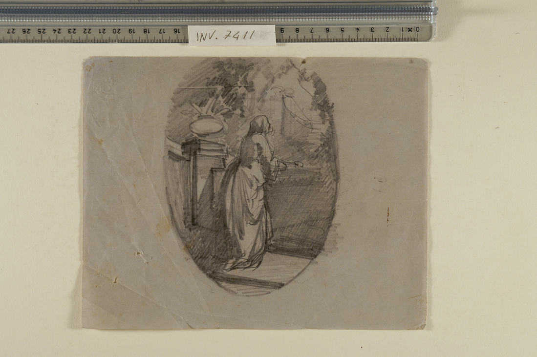 donna in piedi appoggiata ad un balcone (disegno) di Busi Luigi (sec. XIX)