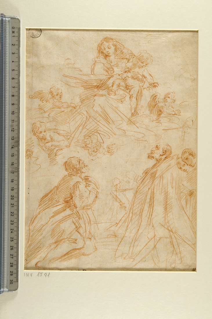 Madonna con Bambino in gloria, angeli, Sant'Alò e San Petronio (disegno) di Crespi Giuseppe Maria (sec. XVII)