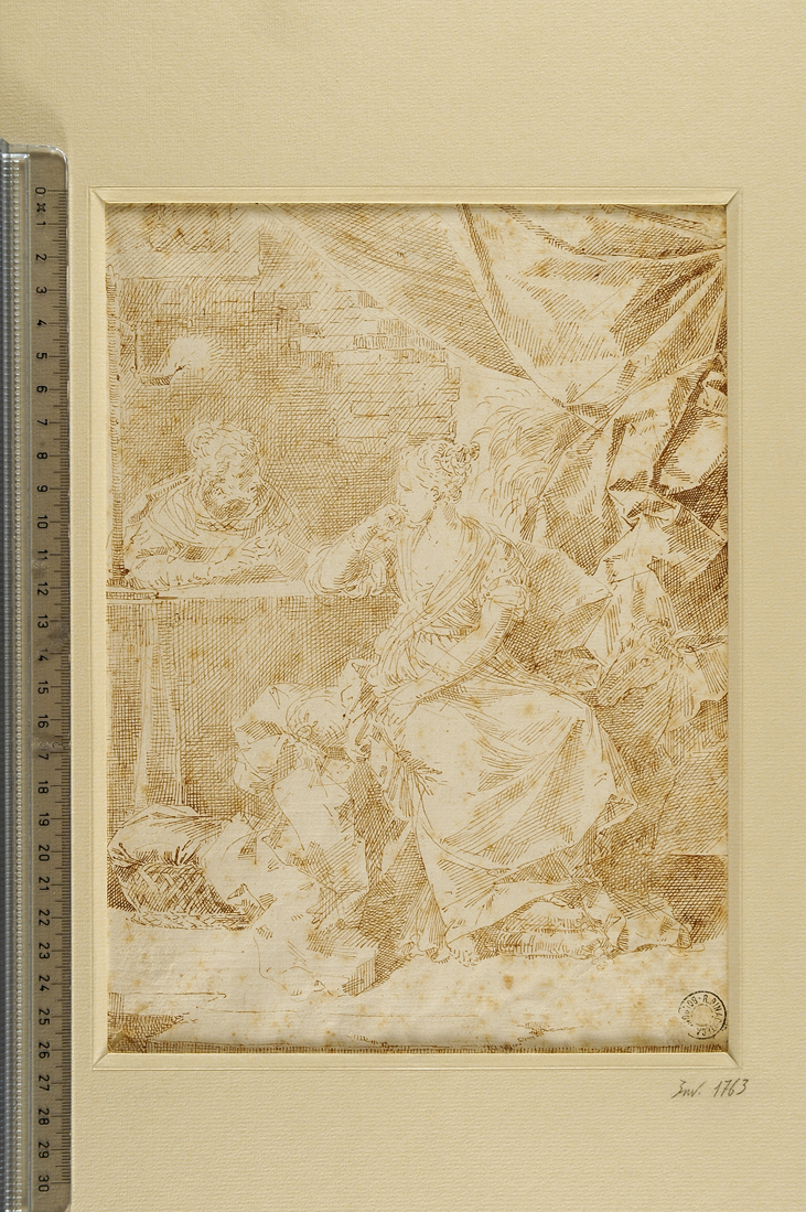 giovane donna a colloquio con altra figura femminile (disegno) di Creti Donato (sec. XVIII)