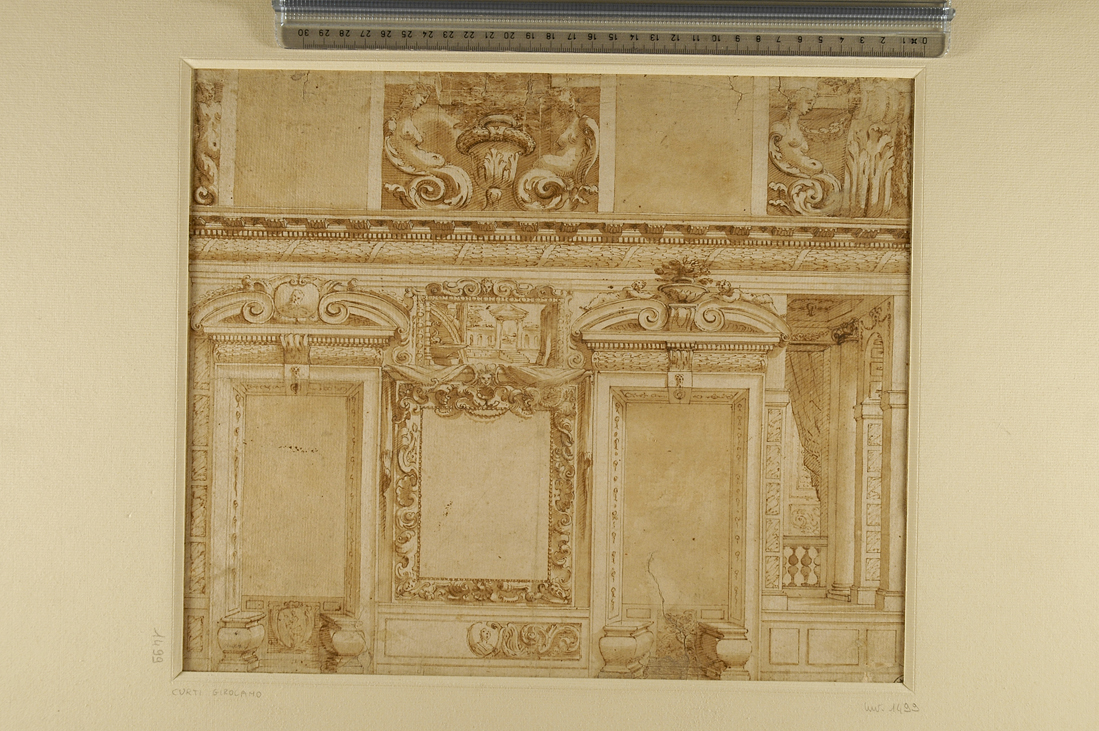 progetto di decorazione parietale (disegno) di Curti Girolamo (attribuito) (secc. XVI/ XVII)