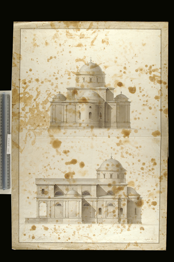 veduta posteriore e laterale di una chiesa con pronao (disegno) di Faccioli Raffaele (sec. XIX)