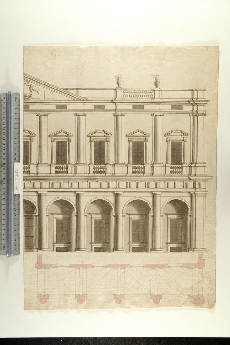 metà destra di prospetto e pianta di edificio neoclassico a due piani (disegno) di Faccioli Raffaele (seconda metà sec. XIX)