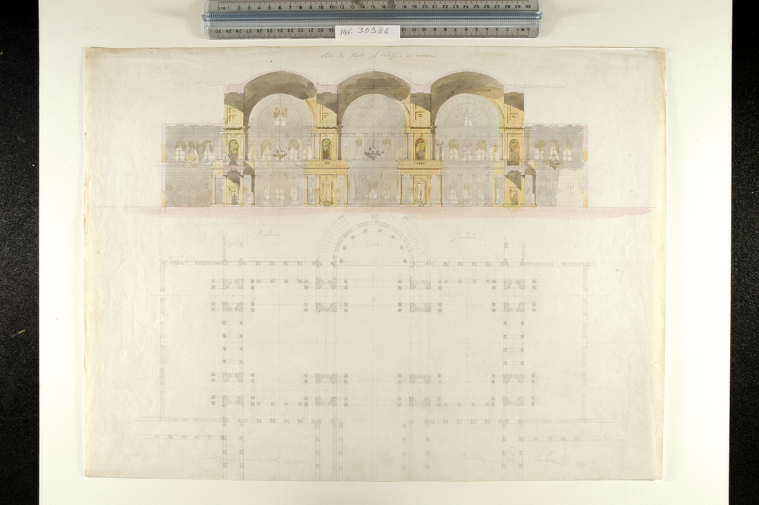 spaccato e pianta di un salone da ballo (disegno) di Faccioli Raffaele (sec. XIX)