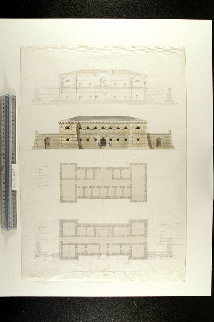 spaccato, alzato e piante di un edificio carcerario (disegno) di Faccioli Raffaele (sec. XIX)
