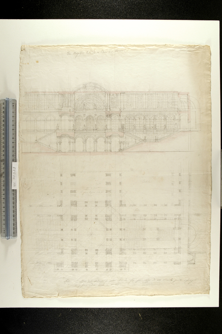 spaccato e pianta di uno scalone monumentale (disegno) di Faccioli Raffaele (seconda metà sec. XIX)
