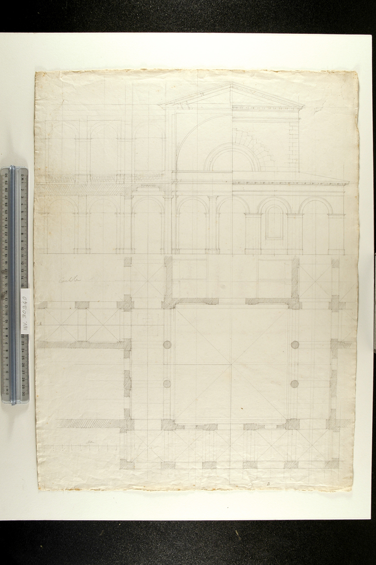parte di prospetto e sezione e pianta di edificio a due piani (disegno) di Faccioli Raffaele (seconda metà sec. XIX)