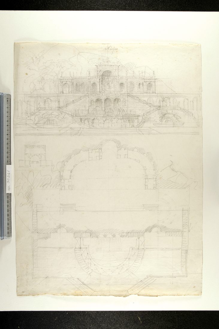prospetto e pianta di ninfeo (disegno) di Faccioli Raffaele (seconda metà sec. XIX)