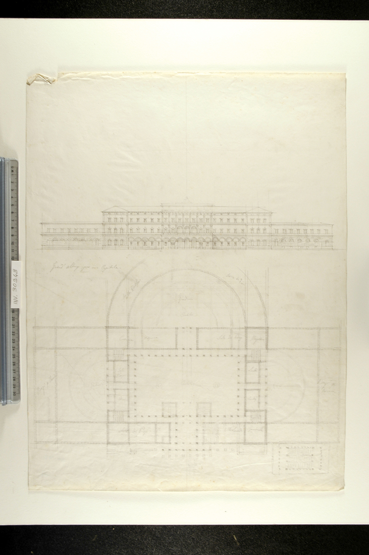 prospetto e pianta di grande edificio da adibire ad albergo (disegno) di Faccioli Raffaele (sec. XIX)