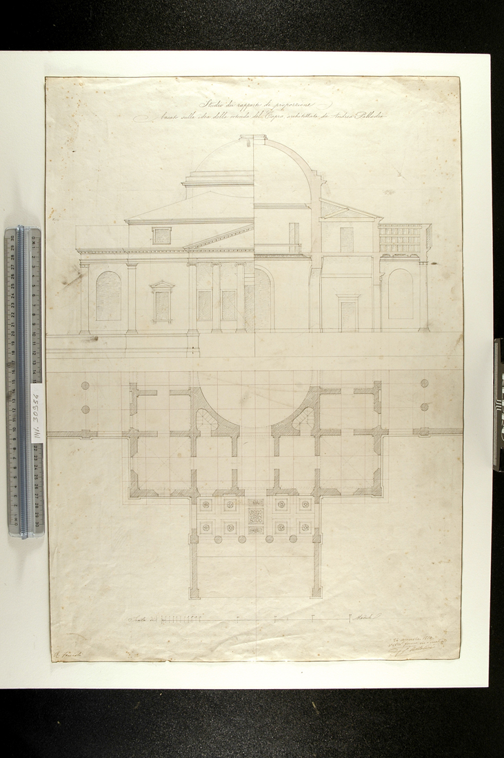 pianta alzato e spaccato di edificio neoclassico (disegno) di Faccioli Raffaele (sec. XIX)