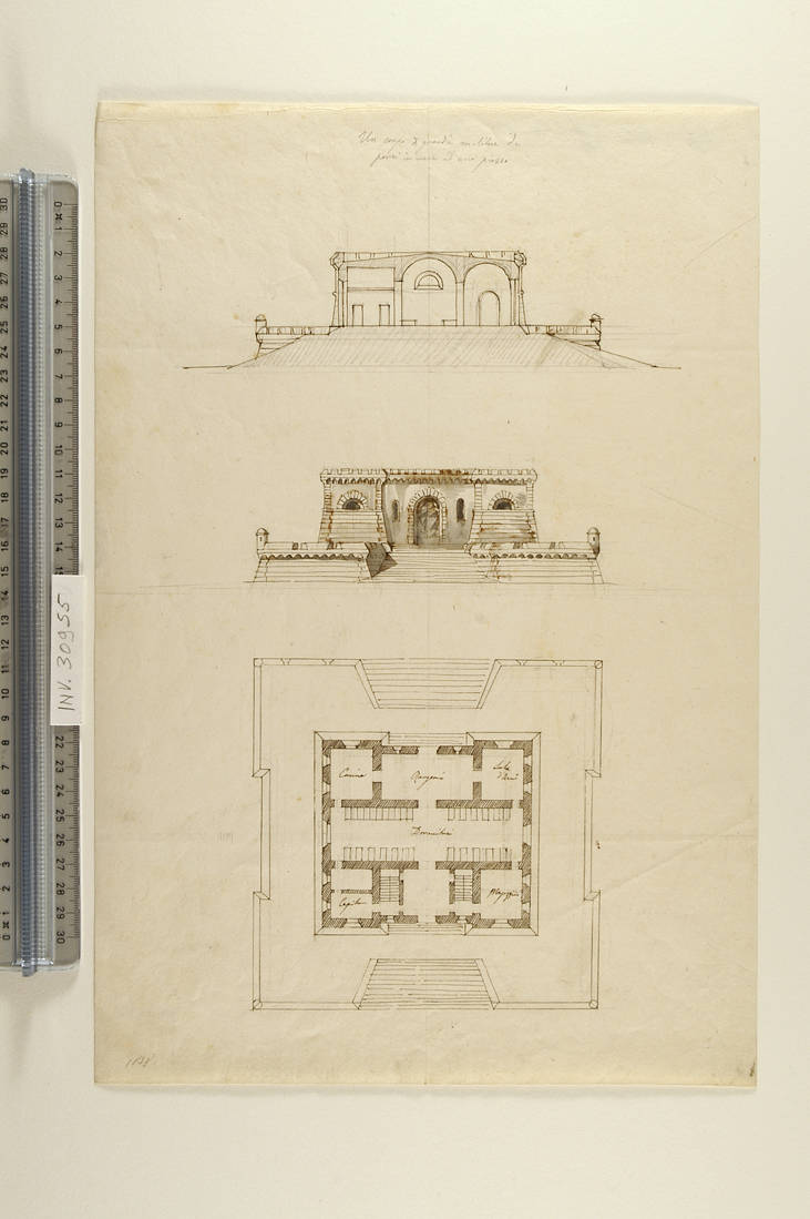 spaccato, alzato e pianta di edificio destinato a corpo di guardia militare (disegno) di Faccioli Raffaele (sec. XIX)