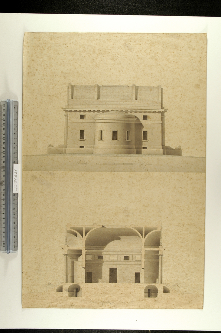fianco e spaccato di un edificio a pianta centrale (Bagno) (disegno) di Faccioli Raffaele (seconda metà sec. XIX)