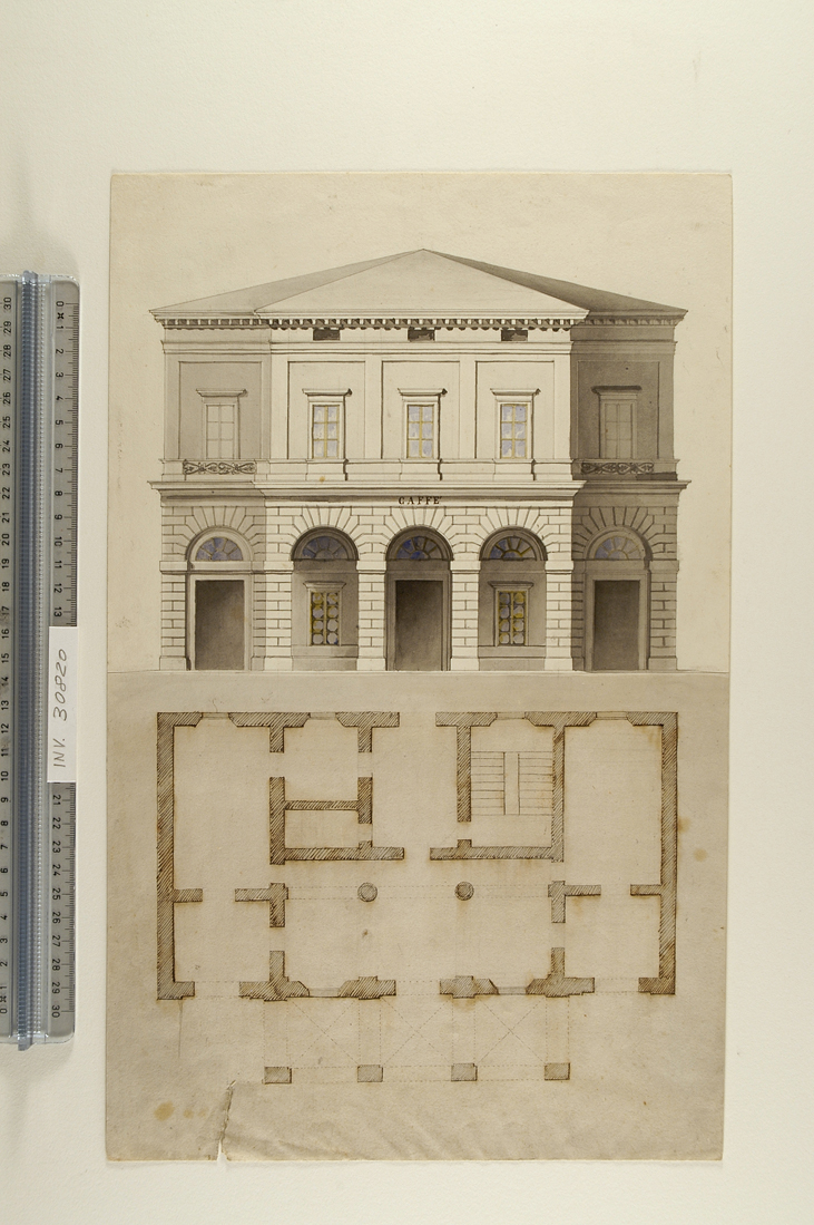 prospetto e pianta di edificio da Caffè (disegno) di Faccioli Raffaele (attribuito) (seconda metà sec. XIX)