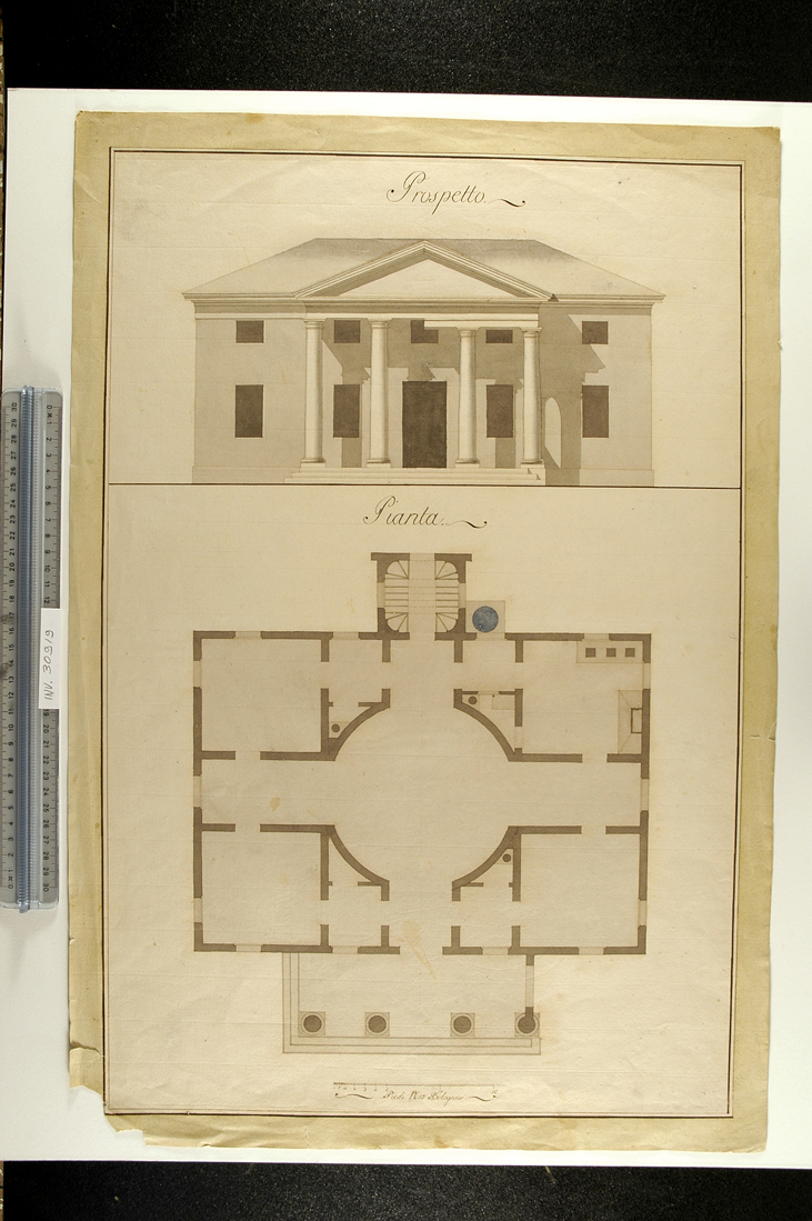 prospetto e pianta di edificio a pianta centrale (disegno) di Faccioli Raffaele (attribuito) (seconda metà sec. XIX)