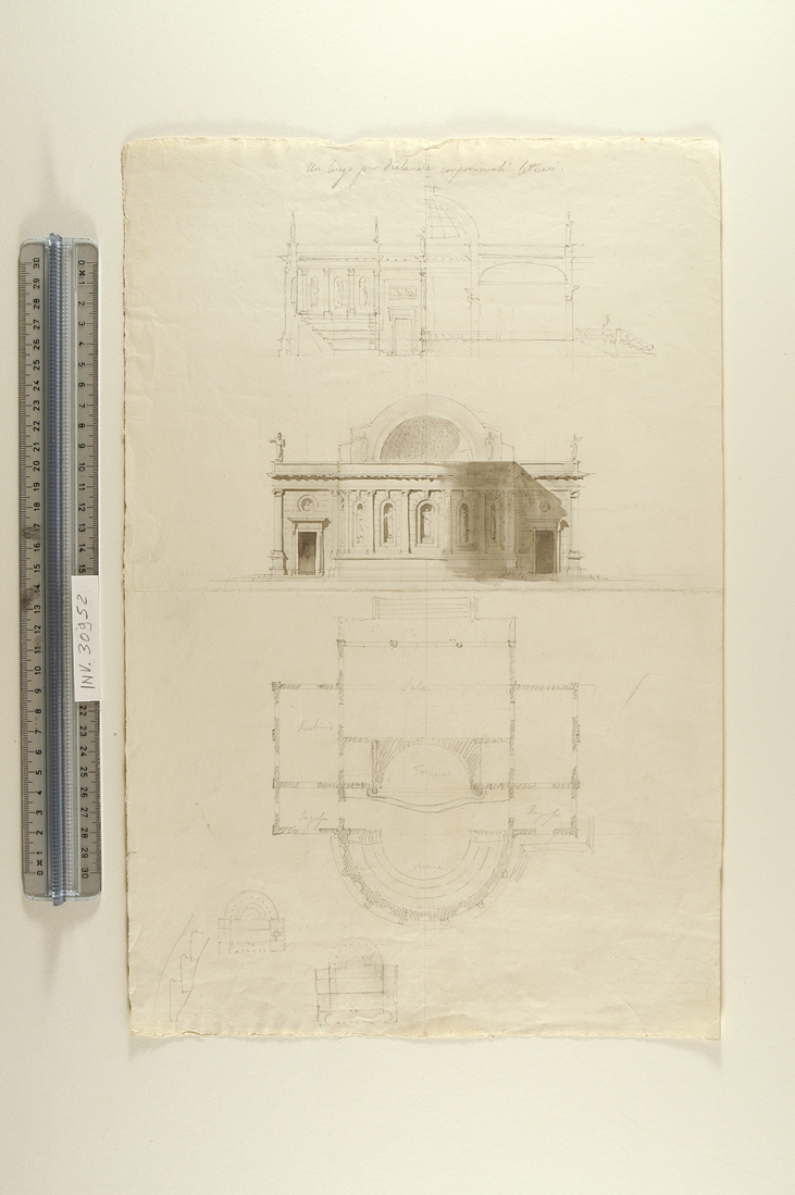 spaccato, alzato e pianta di edificio con arena semicircolare e cupola (disegno) di Faccioli Raffaele (attribuito) (sec. XIX)