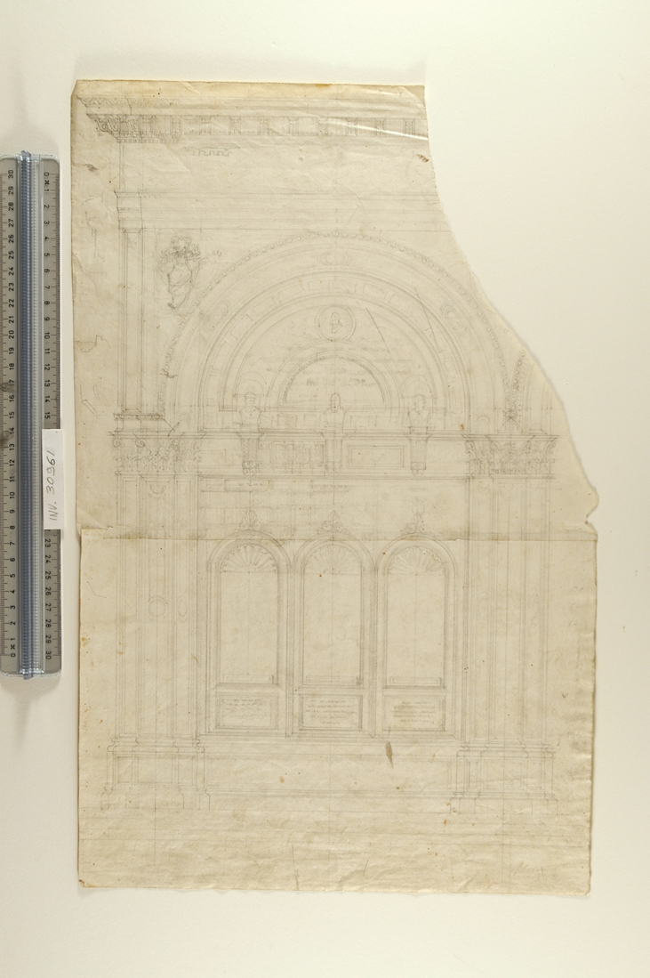 particolare della facciata di un palazzo (disegno) di Faccioli Raffaele (attribuito) (seconda metà sec. XIX)