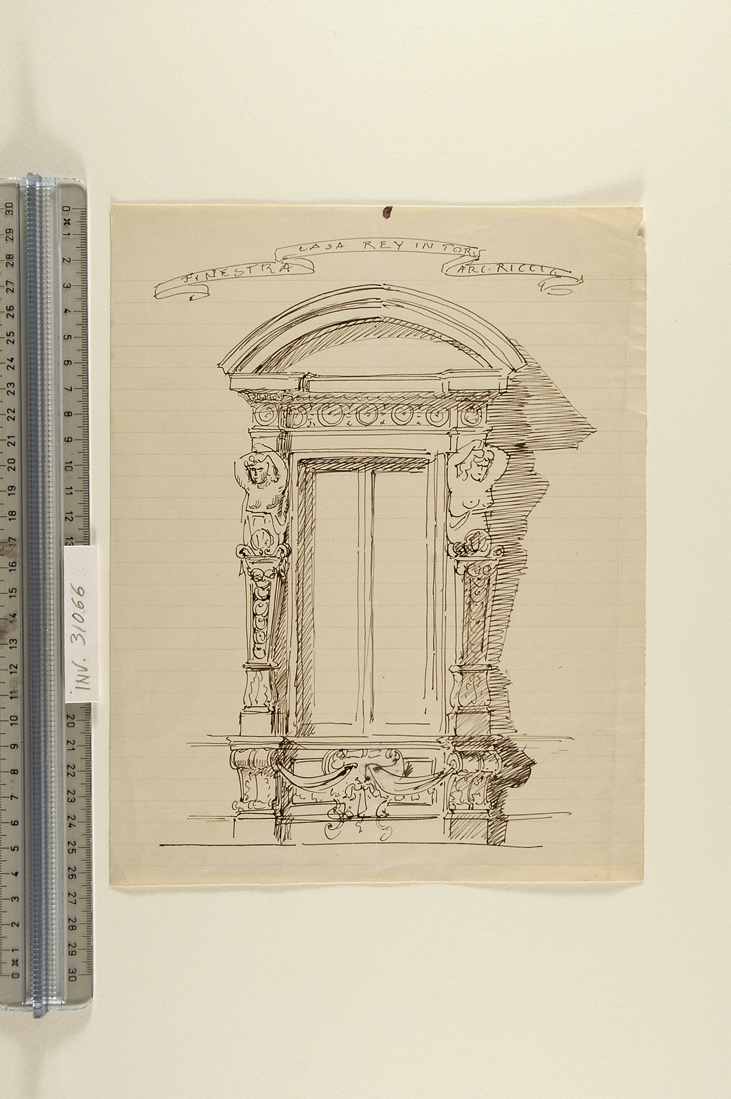finestra con coronamento semicircolare, erme, volute e festoni (disegno) di Faccioli Raffaele (attribuito) (seconda metà sec. XIX)
