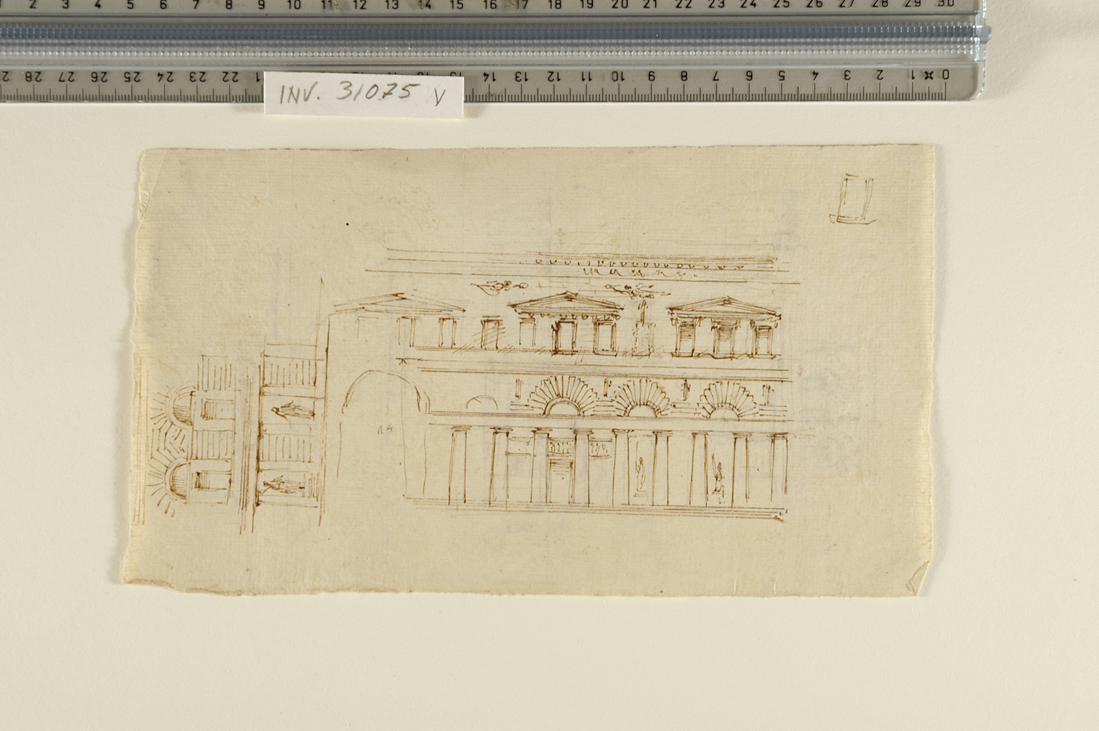parte di facciata di edificio con portico/ varianti di facciata di edificio con portico (disegno) di Faccioli Raffaele (attribuito) (seconda metà sec. XIX)