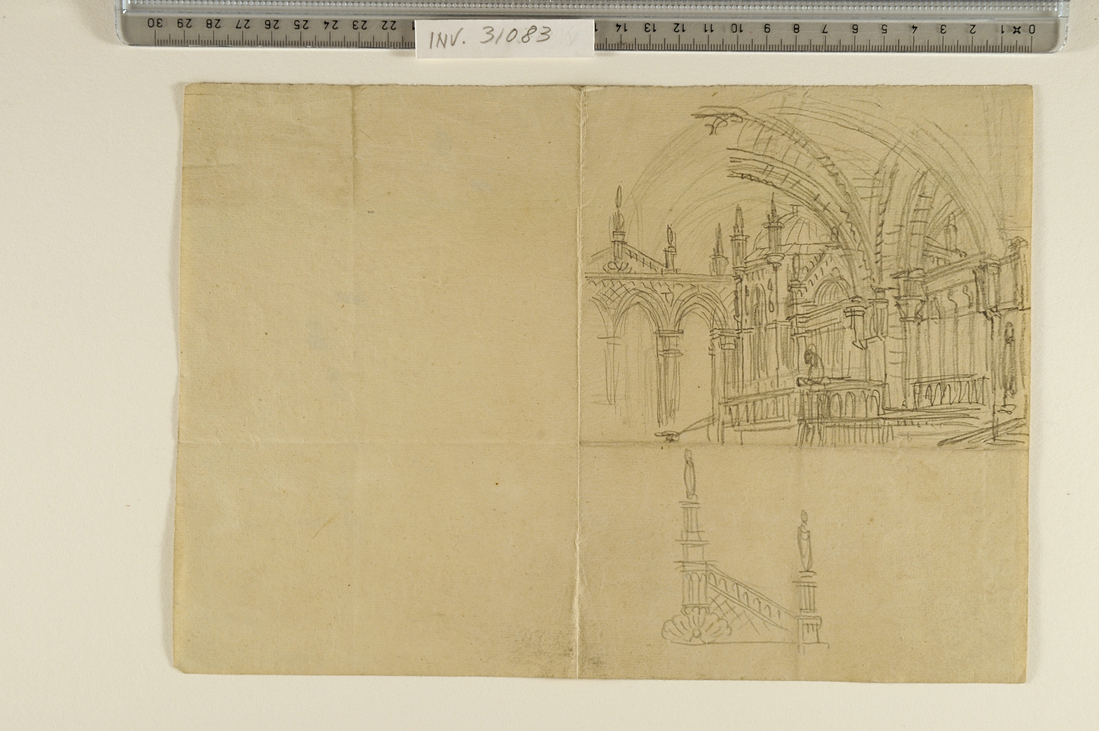 schizzo di edifici con archi; particolare di frontone (disegno) di Faccioli Raffaele (attribuito) (seconda metà sec. XIX)