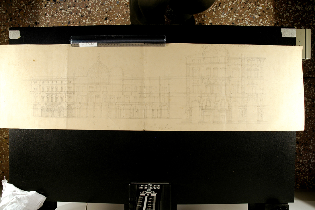 parti di prospetti di edificio a tre piani (disegno) di Faccioli Raffaele (attribuito) (seconda metà sec. XIX)