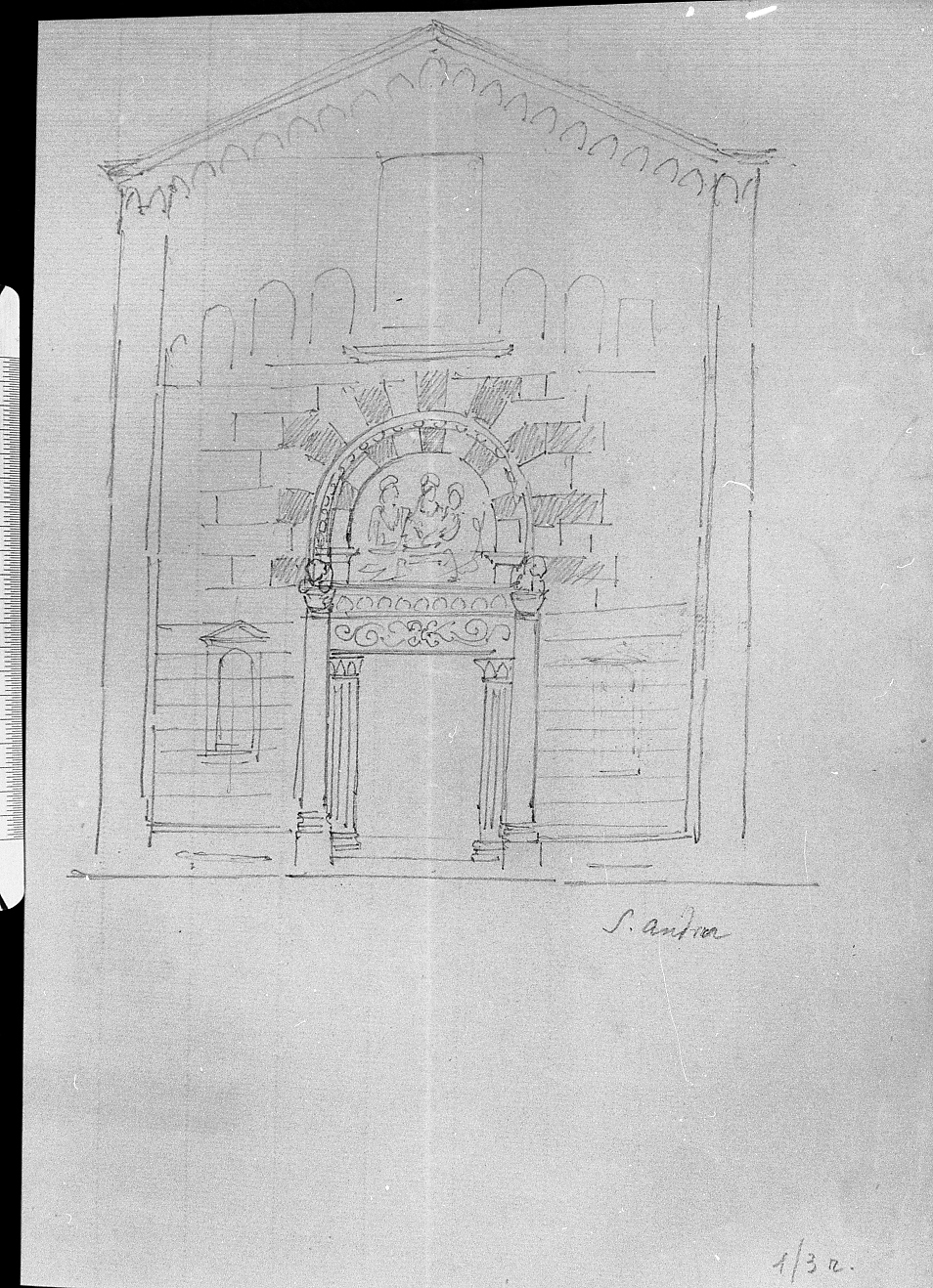 prospetto della chiesa di S. Andrea/ edificio di scorcio (disegno) di Faccioli Raffaele (attribuito) (secc. XIX/ XX)