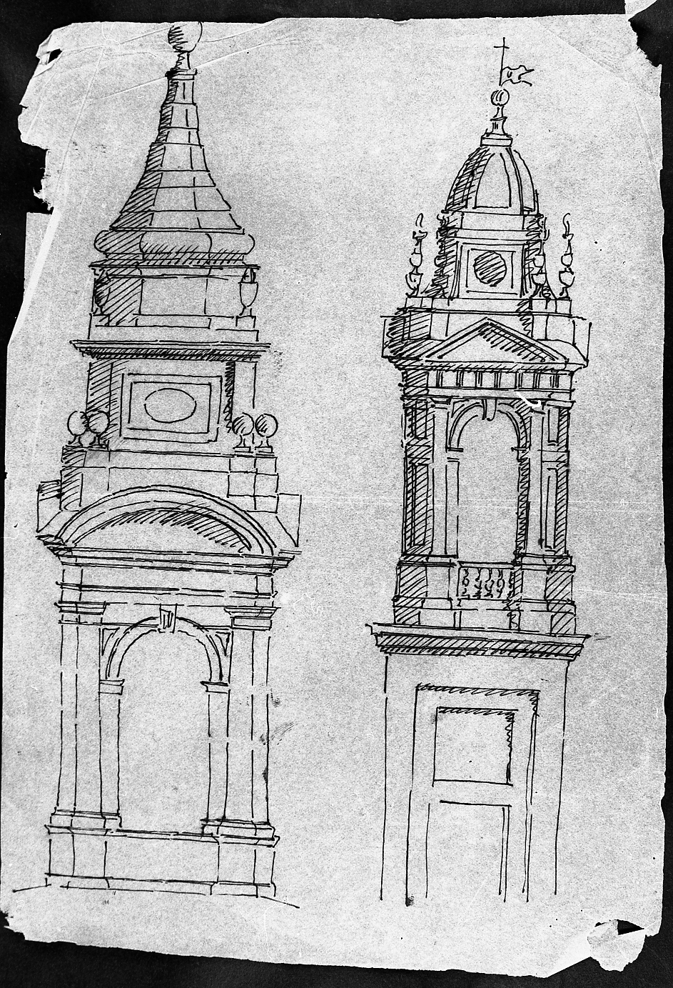 due campanili (disegno) di Faccioli Raffaele (attribuito) (secc. XIX/ XX)