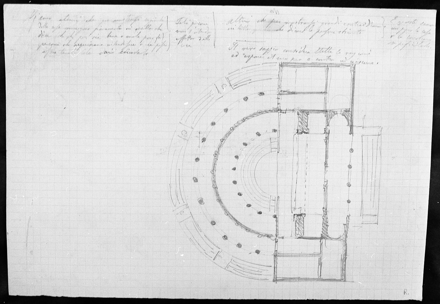 pianta di edificio con ampia esedra/ prospetto e pianta di edificio (disegno) di Faccioli Raffaele (attribuito) (secc. XIX/ XX)