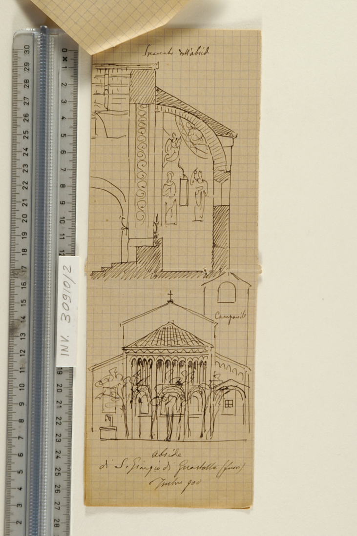 oratorio di San Giorgio di Guastalla - parte di spaccato e vista absidale (disegno) - ambito emiliano (sec. XX)