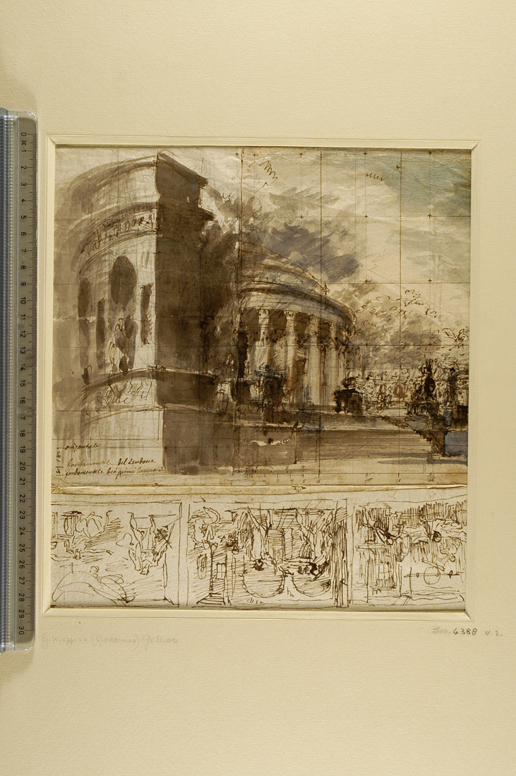studio prospettico di edificio circolare; studi per scene/ tempio circolare e alberi (?) (disegno) di Galliari Giuseppino (attribuito) (secc. XVIII/ XIX)