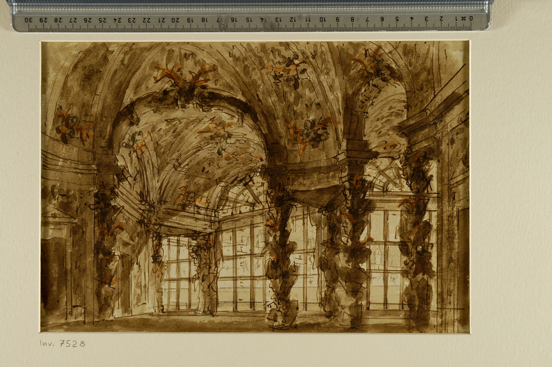 atrio con vetrate ornato da piante e fiori (giardino d'inverno) (disegno) di Galliari Giuseppino (attribuito) (secc. XVIII/ XIX)