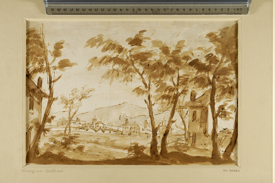 campagna con alberi e case (disegno) di Galliari Giuseppino (secc. XVIII/ XIX)