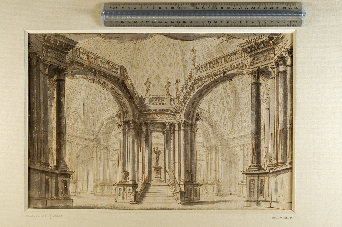 scenario a due portali (doppia fuga prospettica angolare) (disegno) di Galliari Giuseppino (attribuito) (secc. XVIII/ XIX)