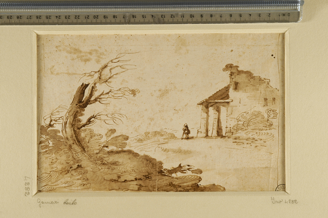 paesaggio con albero e casolare con guardiano (disegno) di Gennari Carlo (attribuito) (sec. XVIII)
