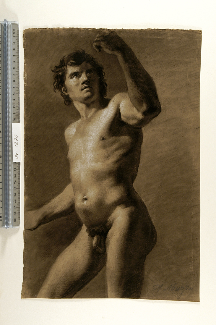 studio accademico di nudo maschile in piedi (disegno) di Muzzi Antonio (sec. XIX)
