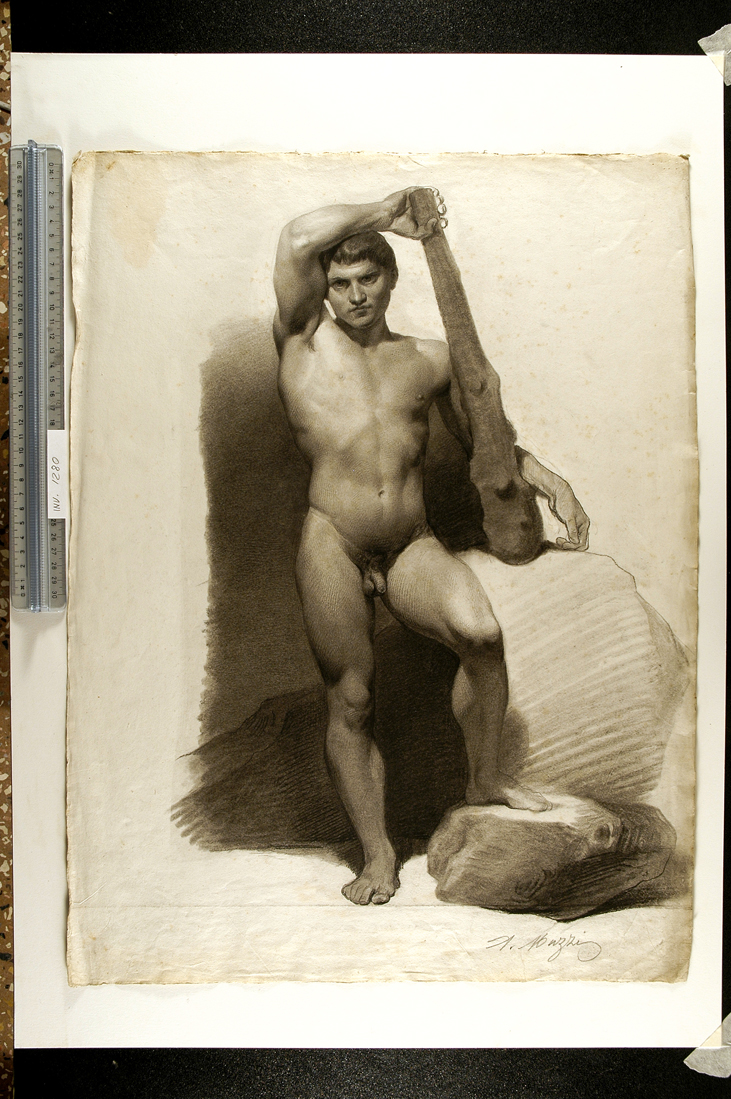 studio accademico di giovane nudo con clava (disegno) di Muzzi Antonio (sec. XIX)