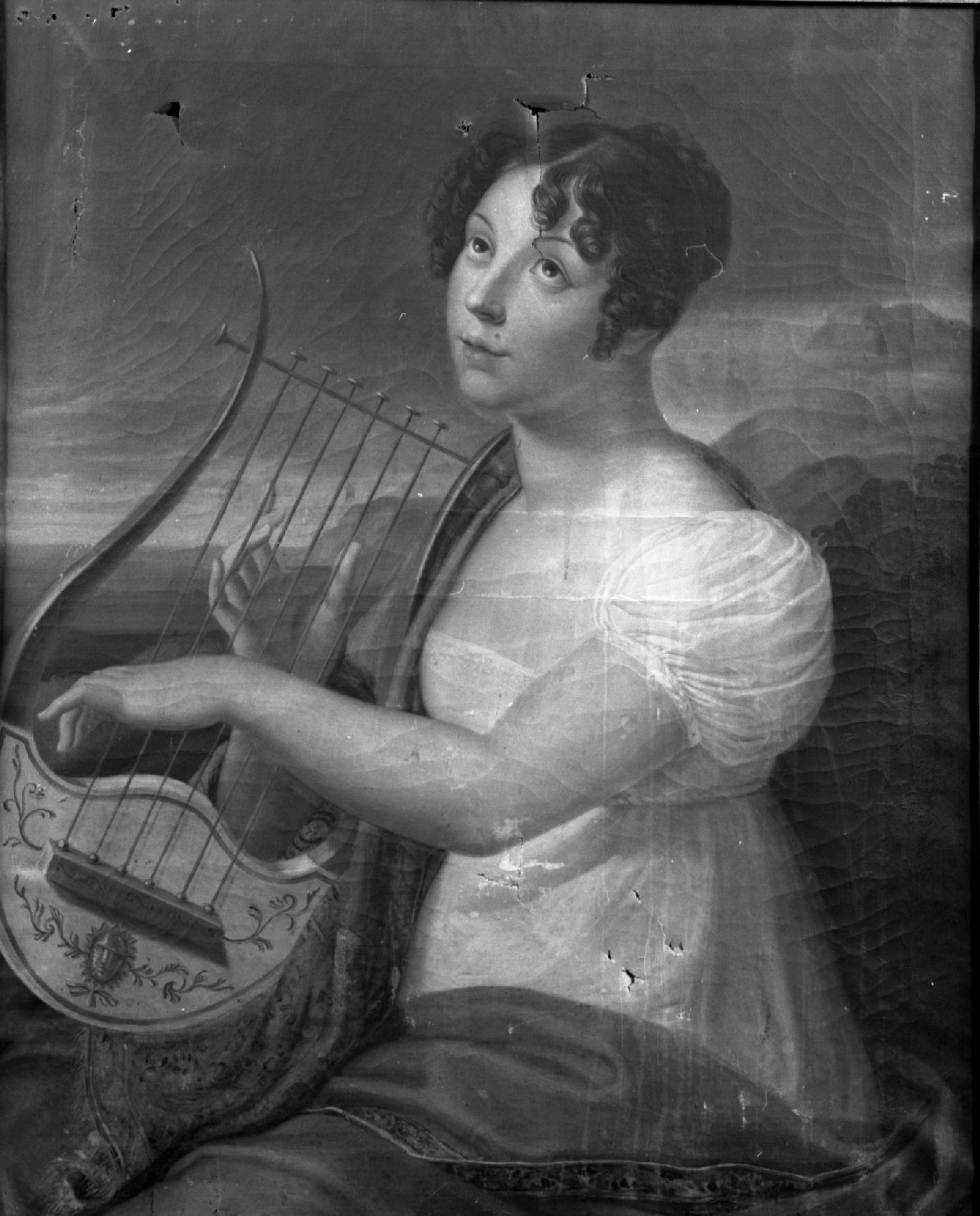 Ritratto di suonatrice di cetra (dipinto, elemento d'insieme) - ambito italiano (inizio sec. XIX)