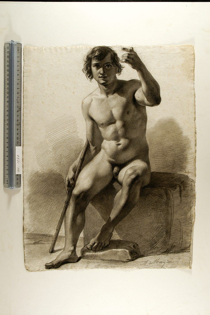 studio accademico di giovane uomo seduto con una canna (disegno) di Muzzi Antonio (sec. XIX)