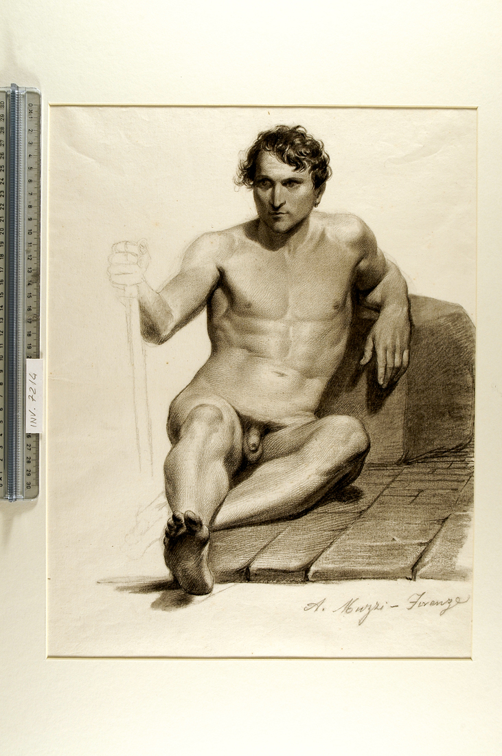 studio accademico di nudo maschile seduto a terra, frontale/ schizzo di capigliatura (disegno) di Muzzi Antonio (sec. XIX)