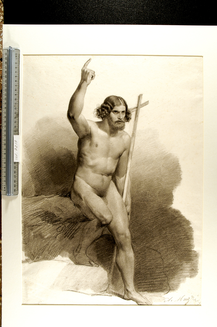 studio accademico di nudo maschile come San Giovanni Battista (disegno) di Muzzi Antonio (sec. XIX)