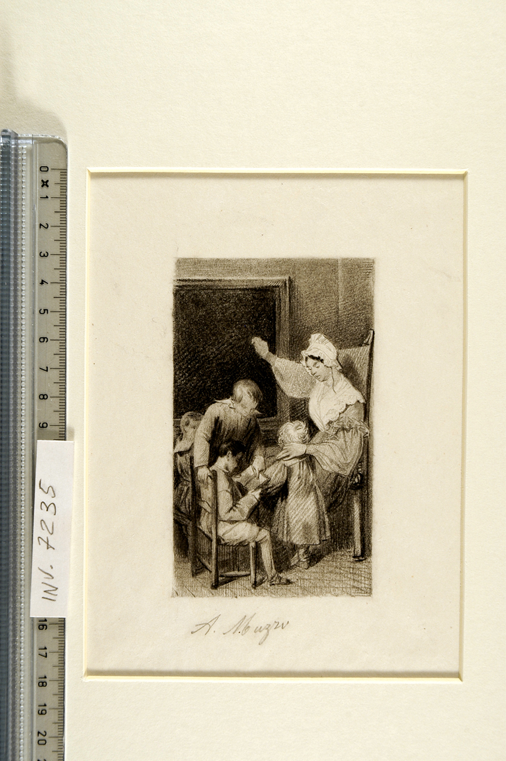 gruppo di persone in un interno (la lezione) (disegno preparatorio) di Muzzi Antonio (sec. XIX)