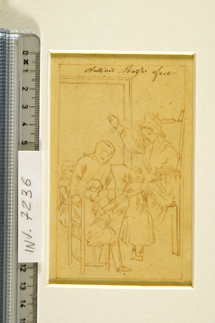 gruppo di persone in un interno (la lezione) (disegno preparatorio) di Muzzi Antonio (sec. XIX)