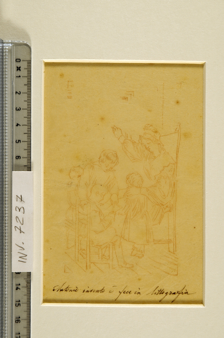 gruppo di persone in un interno (la lezione) (disegno preparatorio) di Muzzi Antonio (sec. XIX)