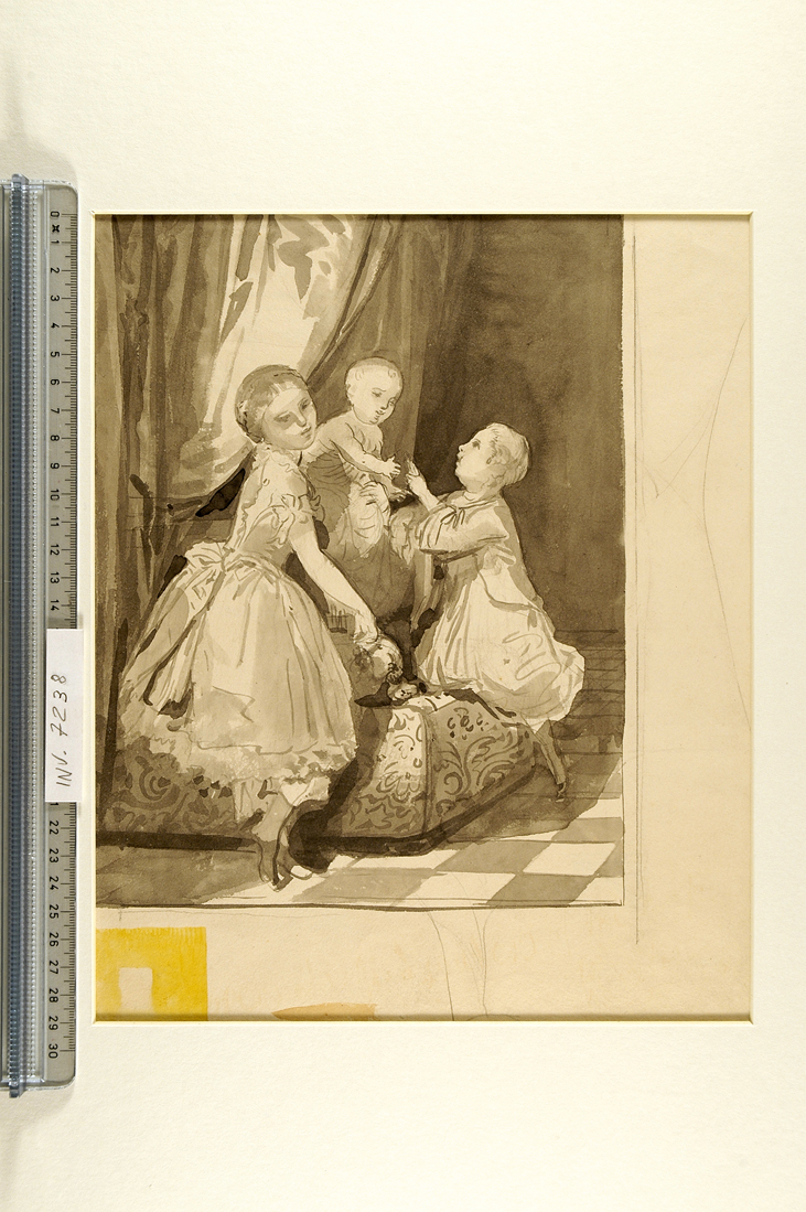 tre bambini in un interno/ schizzi di architettura (disegno) di Muzzi Antonio (attribuito) (sec. XIX)